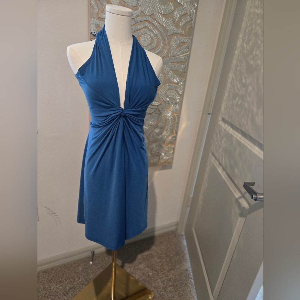 Form Fitting & Flattering Blue Halter Dress